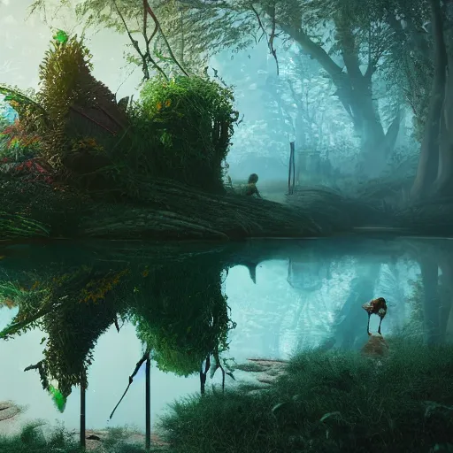 Prompt: soft painting rooster reflection refraction world synthwave ruins ponds alien vegetation, accurate features, focus, very intricate ultrafine details, black autumn, dense fog, award winning masterpiece, octane render 8 k hd, fantasy