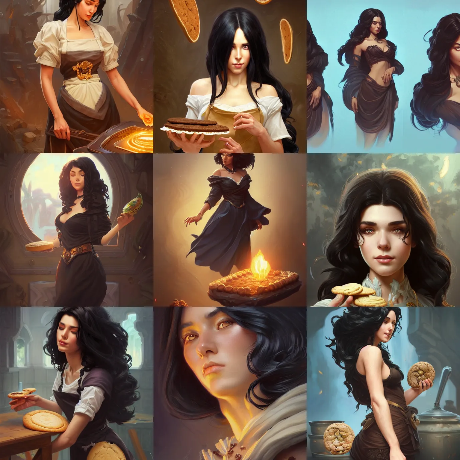 Prompt: gentle older sister with long voluminous black hair baking cookies, full body shot, intricate, highly detailed, digital painting, artstation, concept art, matte, sharp focus, illustration, hearthstone, art by artgerm and greg rutkowski and alphonse mucha