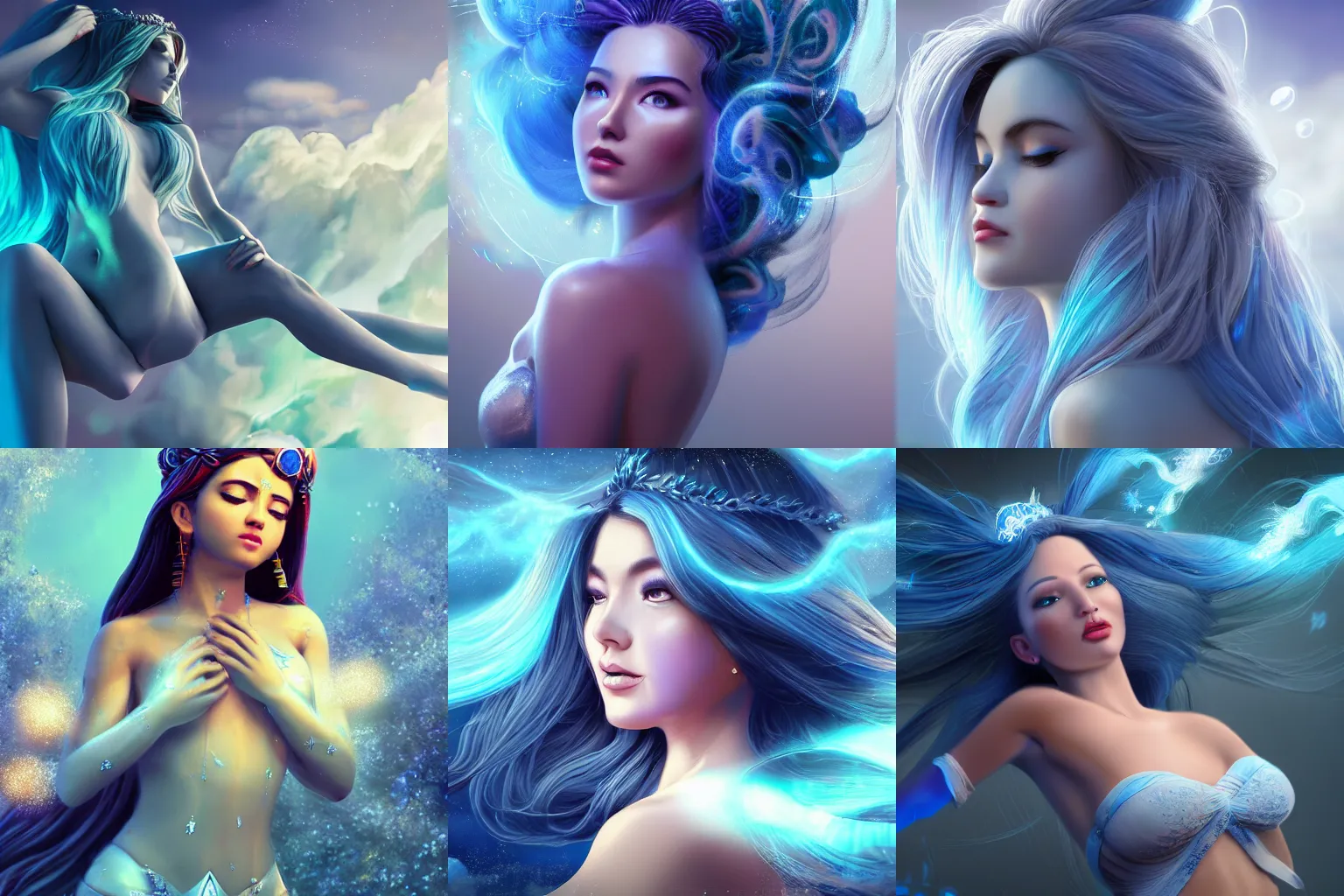 Prompt: a beautiful female goddess of the blue character, character is in all its glory, character is in her natural relaxed pose, rim lights, particles and dust in the air, fancy clouds, highly detailed professional photo, dynamic lights, particles are flying, depth of field, trending on artstation, professional illustration, hyper realistic, vray caustics, super detailed, colorful accents, cinematic shot