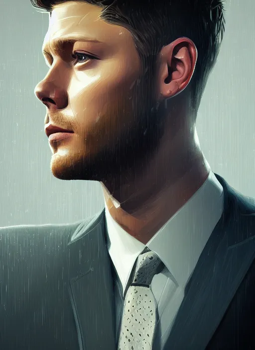 Image similar to portrait of jensen ackles, dramatic expression looking down, full body, lawyer suit, intricate, hivis, elegant, beautiful, highly detailed, digital painting, artstation, concept art, smooth, sharp focus, illustration, art by sakimi chan and guweiz
