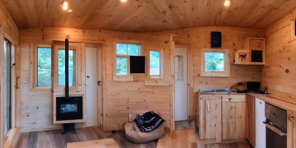 Image similar to expensive tiny house, well ventilated, attractive, cozy, pacific northwest