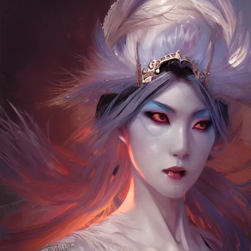 Image similar to Japanese ice demoness, D&D, highly detailed, digital painting, artstation, concept art, sharp focus, illustration, cinematic lighting, art by artgerm and greg rutkowski and alphonse mucha