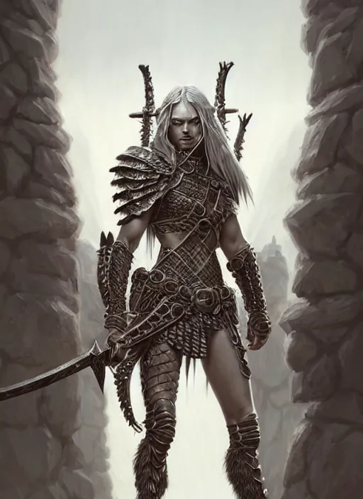 Image similar to barbarian, plated armor!!! long wild white hair!! fully clothed!!! fantasy, d & d, intricate ornate details, digital painting, pretty face!!, symmetry, concept art, sharp focus, illustration, art by artgerm! greg rutkowski magali villeneuve wlop! ilya kuvshinov!!, octane render