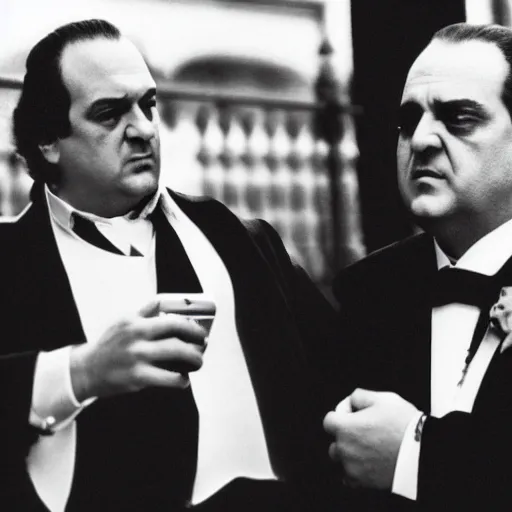 Image similar to a selfie photo of tony soprano and vito corleone, 8 k