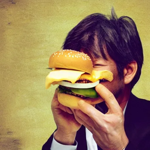 Prompt: Satoshi Nakamoto eating a cheeseburger, photo realistic, award-winning, highly-detailed, epic, cinematic, dramatic