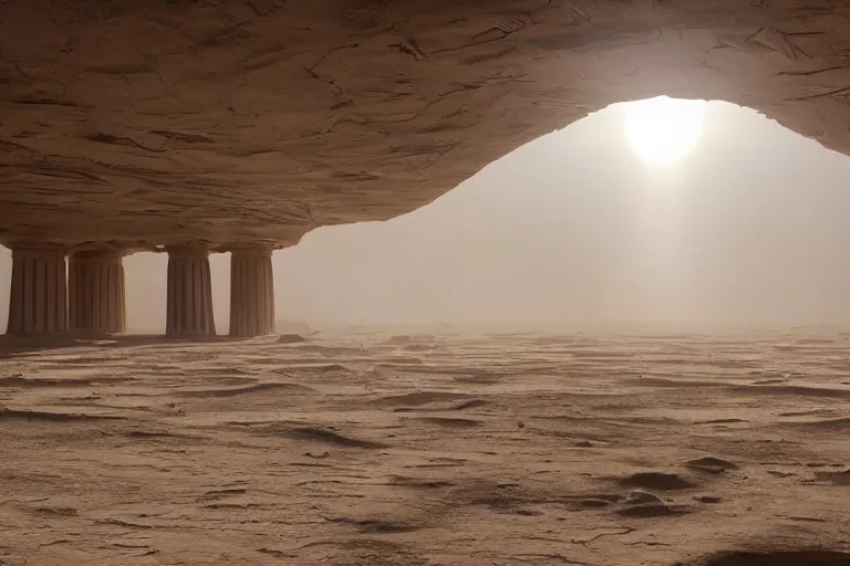 Prompt: inside a large open room with a tall ceiling, monolithic, open wall architecture, sand storm inside, high winds, concrete pillars, ancient sci - fi elements, on an alien planet, sun is blocked by dust, pale orange colors, cinematographic wide angle shot, directed by christopher nolan