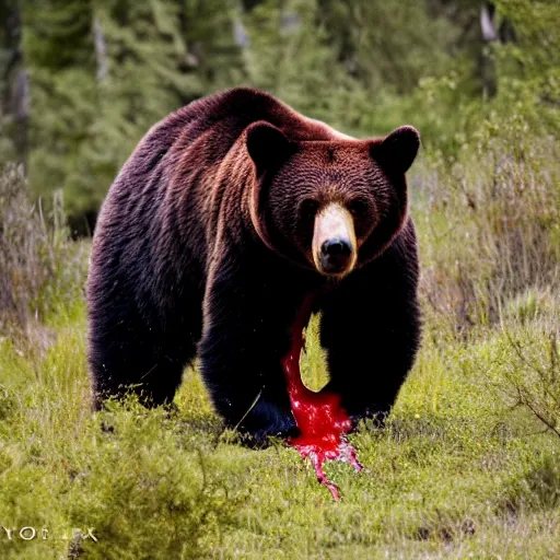 Prompt: nature photography photo of a bear with blood dripping from mouth, —w 512 —h 768