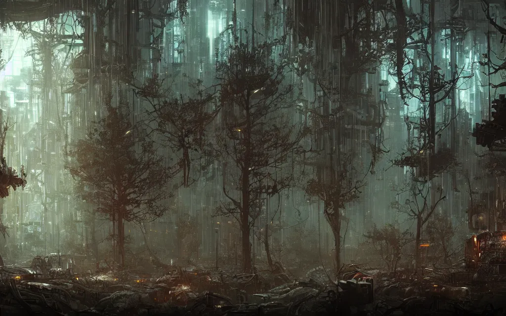 Prompt: a dark forest where gears and electronic parts grow on the trees tops, cyberpunk landscape wallpaper, d&d art, fantasy, painted, 4k, high detail, sharp focus