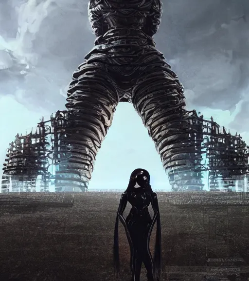 Image similar to tarkovsky greatest scene, stalket, the ancient destroyed majestic tower of babylon, woman in a gantz suit, futuristic cyber clothing, transparent puffer jacket, hyperrealistic, blockchain, cyber world, ambient lighting, concept art, intricate sky, hyper detailed, smooth, dynamic volumetric lighting, octane, ray trace, cinematic, high quality, cgsociety