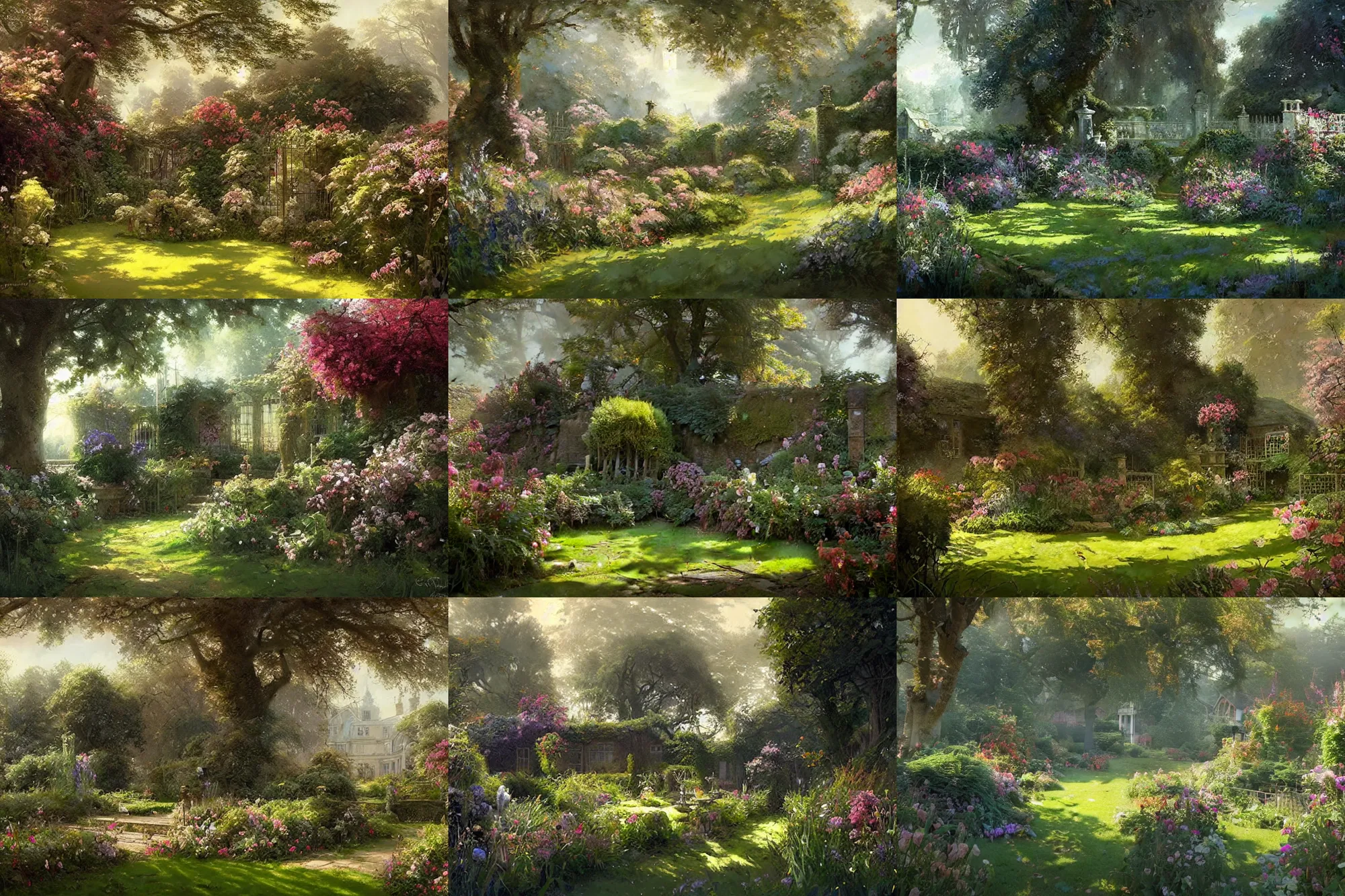 Prompt: Beautiful English garden, digital painting by Greg Rutkowski and James Gurney