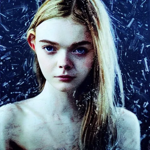 Image similar to Elle Fanning in Santorini at night, head and shoulders portrait, stormy weather, extremely detailed masterpiece, Roger Deakin’s cinematography, oil on canvas, Yoji Shinkawa,