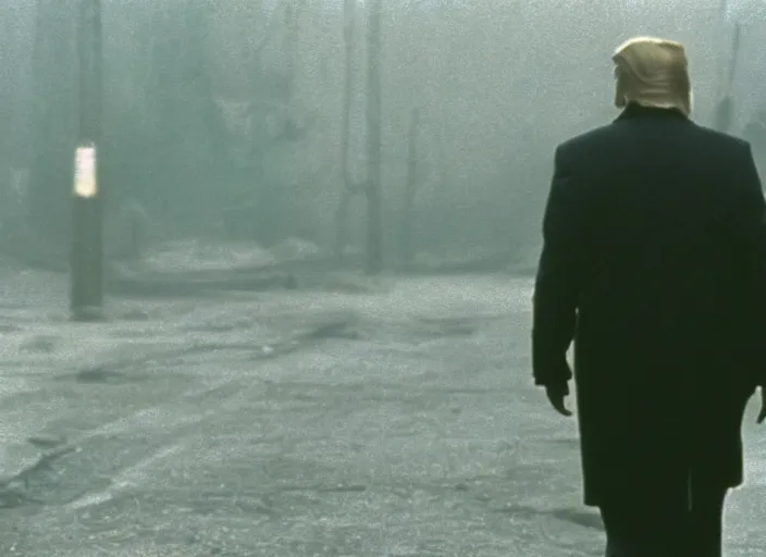 Image similar to screenshot from moody scene of Donald Trump entering the zone, scene from the film Stalker 1979 film directed by andrei tarkovsky, kodak film stock, anamorphic lens, 4K, film grain, detailed, stunning cinematography