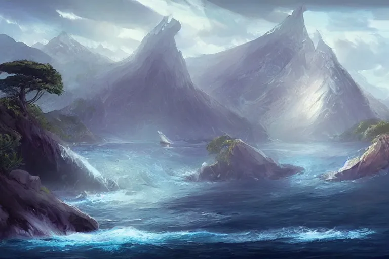 Prompt: an island from afar with forests and a mountain in open ocean, art by Charlie Bowater, artstation, highly detailed, magic the gathering art, fantasy