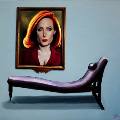 Image similar to dana scully on a chaise lounge, oil on canvas, highly detailed, masterpiece, art by rubens