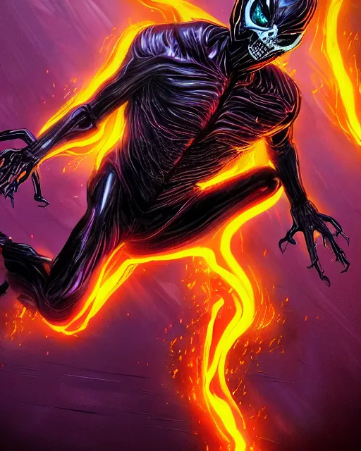 Image similar to ghost rider symbiote, purple and red variant, dynamic lighting, fantasy concept art, trending on art station, stunning visuals, creative, cinematic, ultra detailed, comic strip style