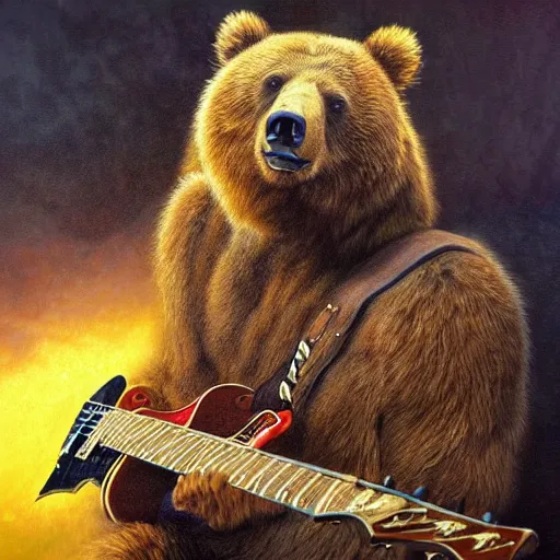 Prompt: Realistic brown bear playing (Albert King, Jimi Hendrix, Lenny Kravitz, Michael Schenker, Rudolph Schenker, Michael Weikath)'s guitar, by Antonio Caparo and Ferdinand Knab and Greg Rutkowski UHD photorealistic trending on artstation