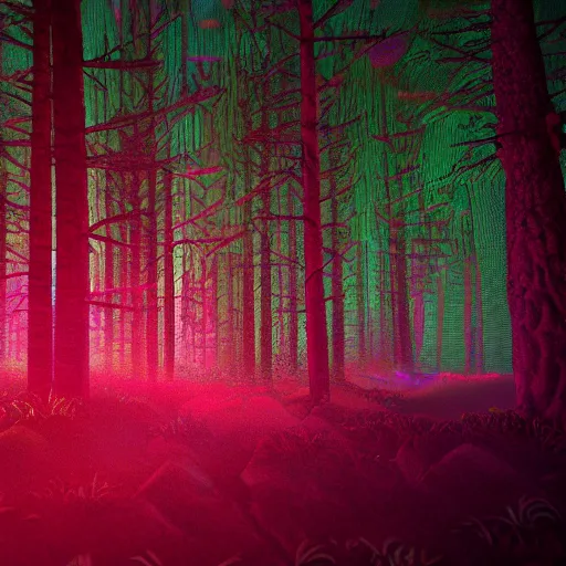 Prompt: extremely detailed wide angle isometric forest photograph dramatic neon lighting octane render 4 k trending on artstation vaporwave digital art