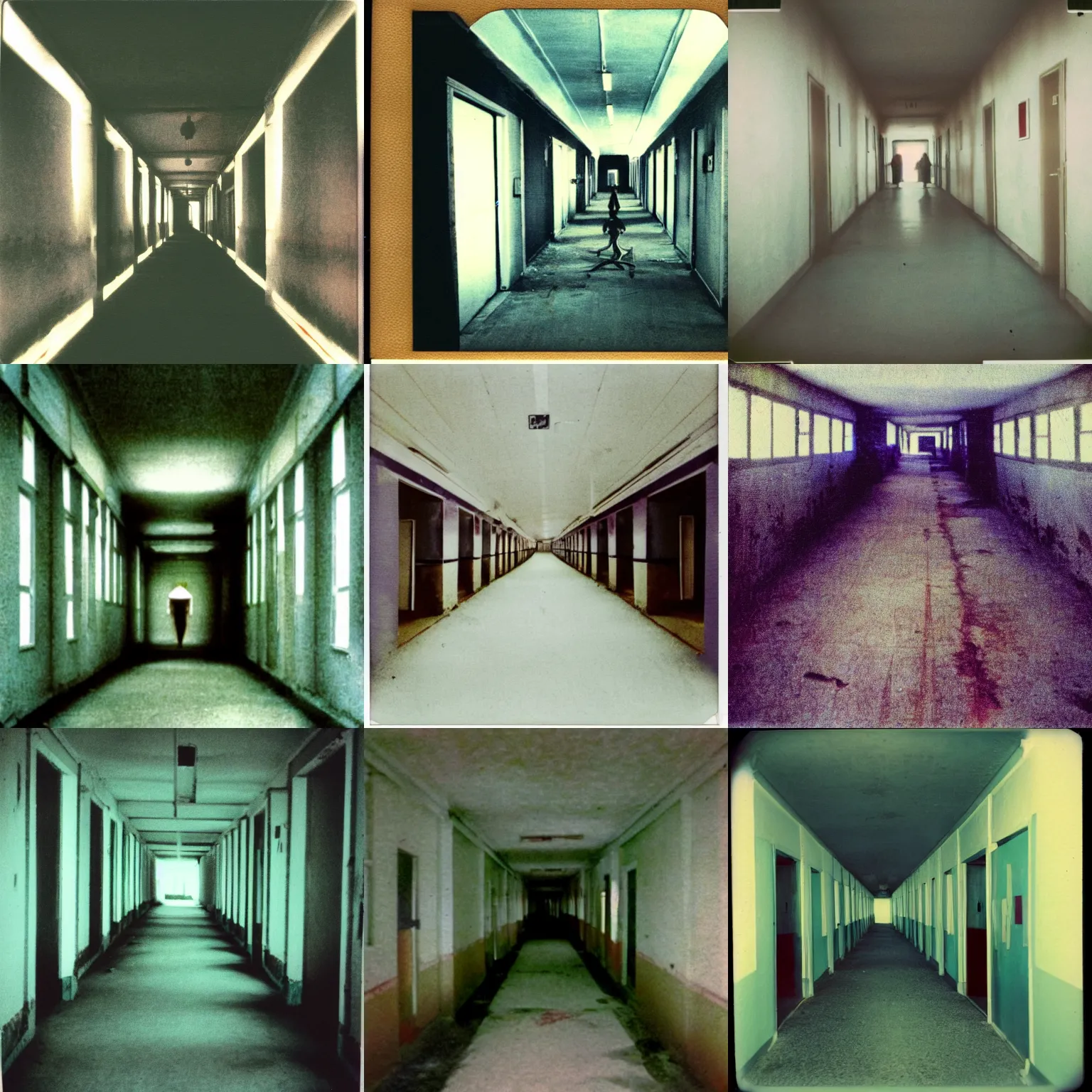 Prompt: polaroid coloured photo of a sanatorium corridor with a possessed woman in black