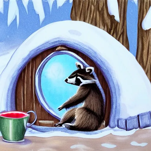 Prompt: a raccoon sipping tea in the doorway to an igloo, photorealistic