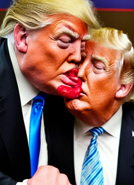 Image similar to beautiful high quality photo of donald trump kissing donald trump. hq. donald trump and donald trump kissing on the lips. two donald trumps kissing each other. donald trump kissing donald trump.