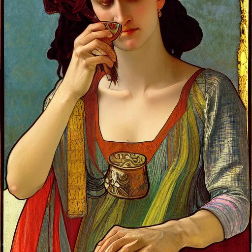 Prompt: a beautiful arrogant surreal greek lady drinking tea looking disdained, rennaisance painting, by leonardo da vinci and alphonse mucha