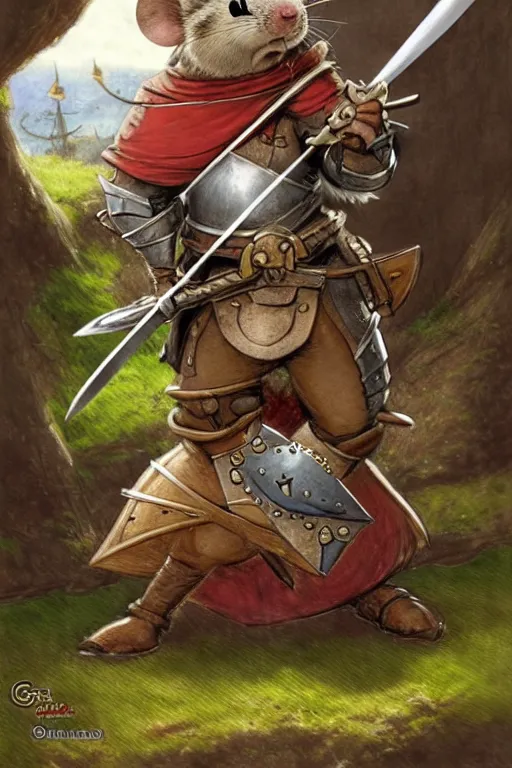 Image similar to a heroic mouse knight with sword and shield, redwall, greg rutowski and jean baptiste monge, detailed, epic fantasy concept art