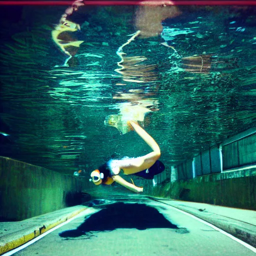Prompt: underwater street photo lomography