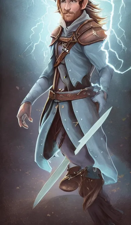 Image similar to cute whimsical half - elf sorcerer rogue running leaving a trail of lightning, brown leather tunic, ( ( ( ( ( ( chris pratt ) ) ) ) ) ), light grey - blue hair, d & d, fantasy, portrait, highly detailed, digital painting