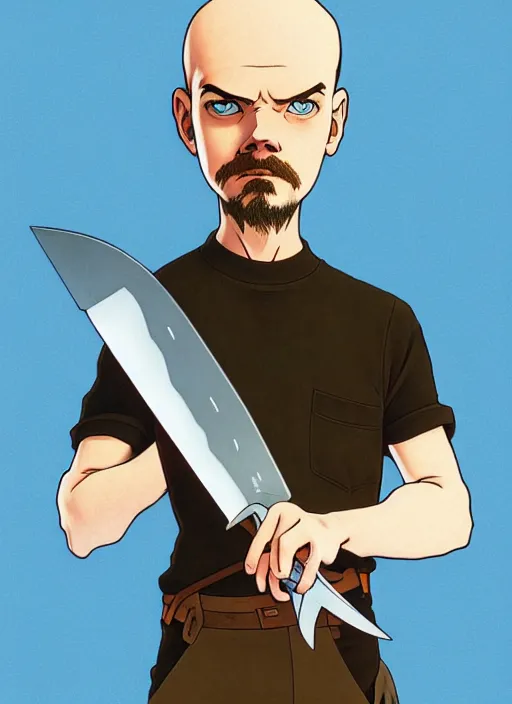 Prompt: art young lenin with giant knife \, light blue eyes, pale skin, freckles, sad expression, t - shirt, modern casual clothing, natural lighting, path traced, highly detailed, high quality, cartoon, digital painting, by don bluth and ross tran and studio ghibli and alphonse mucha