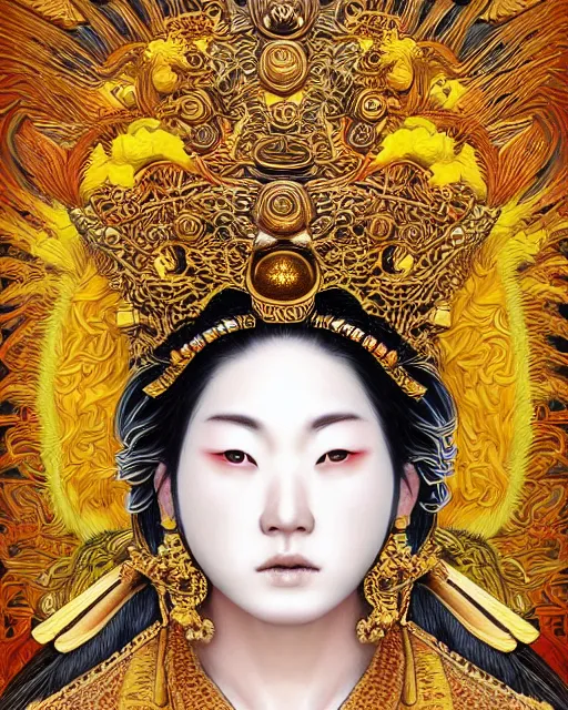 Image similar to hyper realistic portrait photo of ameterasu the sun goddess of japan, portrait shot, intricate detail