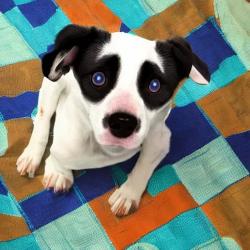 Image similar to blue 3 eyed puppy sitting on picnic blanket in the style of pop art