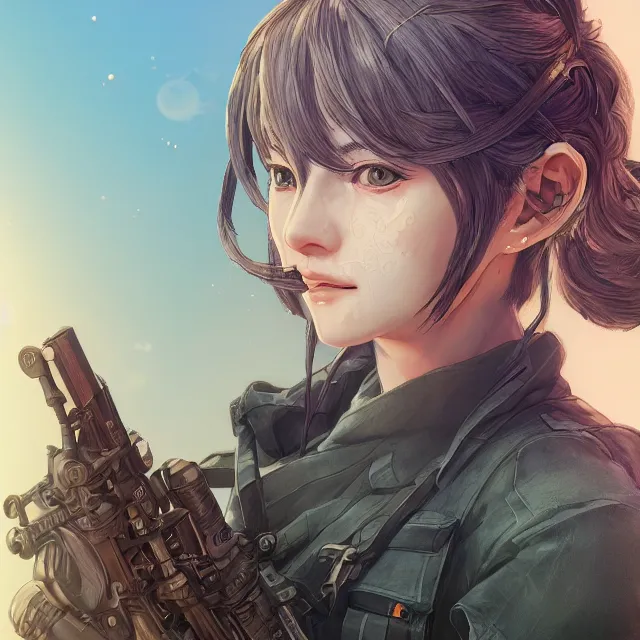 Image similar to the portrait of lawful neutral semi - colorful female infantry sniper as absurdly beautiful, gorgeous, elegant, young anime girl, an ultrafine hyperdetailed illustration by kim jung gi, irakli nadar, intricate linework, bright colors, octopath traveler, final fantasy, unreal engine 5 highly rendered, global illumination, radiant light, detailed and intricate environment