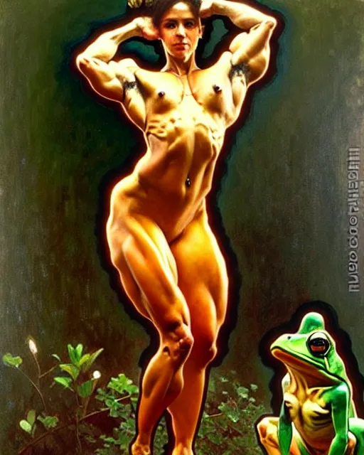 Image similar to full body painting of a frog bodybuilder, oil on canvas, art by greg rutkowski and alphonse mucha