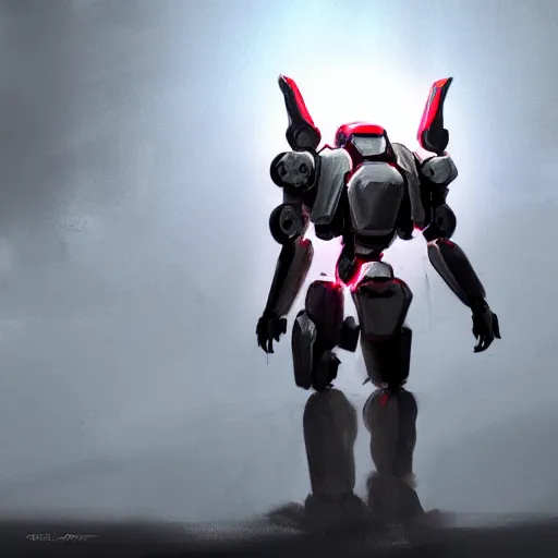 Image similar to bipedal mech red and white accents volumetric light detailed concept art sharp focus coherent