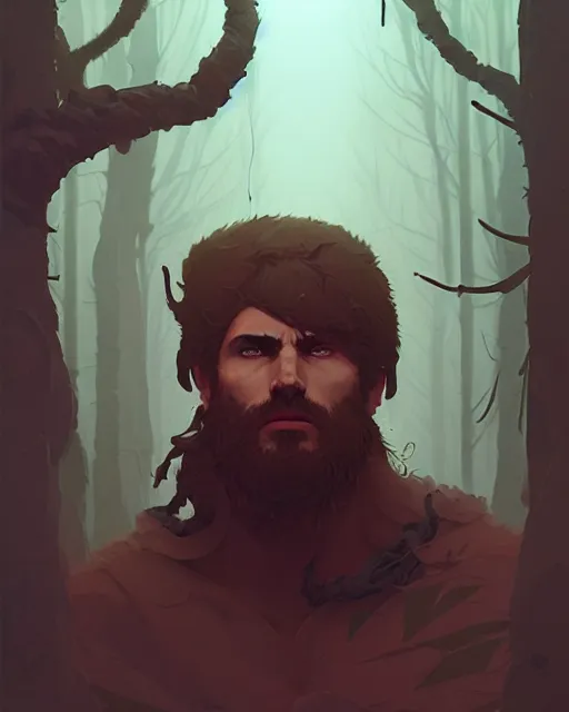 Image similar to hyper - realistic portrait of god of the forest, rugged, male, detailed face, r by atey ghailan, by greg rutkowski, by greg tocchini, by james gilleard, by joe fenton, by kaethe butcher, dynamic lighting, gradient light blue, brown, blonde cream and white color scheme, grunge aesthetic