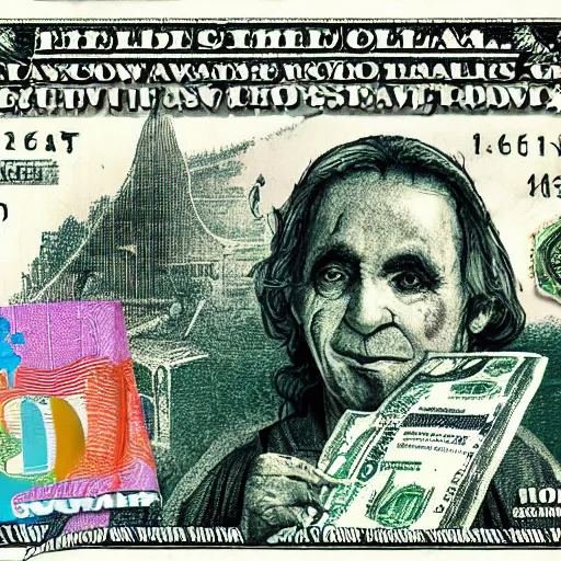 Image similar to A clown holding a dollar banknote, background is a slum, cinematic, epic, highly-detailed, photo realistic