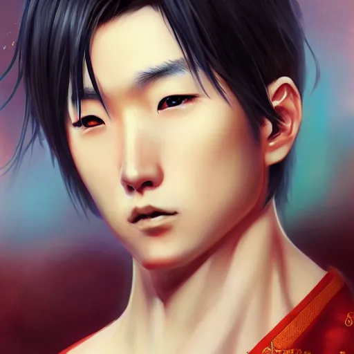 Image similar to A realistic anime portrait of a handsome japanese with a human face wearing a kimono, digital painting, by Stanley Artgerm Lau, WLOP, and Rossdraws, digtial painting, trending on ArtStation, deviantart