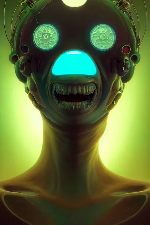 Image similar to portrait of a cute smiling bioluminescent creature, cyberpunk, dark retrowave, highly detailed, asymmetrical artwork, cinematic, hyperrealism, art by zdzisław beksinski and stanley lau and artgerm and magali villeneuve and alphonse mucha, artstation, octane render, unreal engine, 8 k, aperture f 1. 2