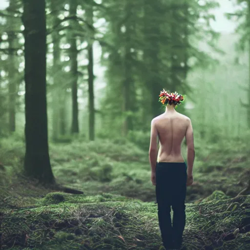 Prompt: close up kodak portra 4 0 0 photograph of a skinny blonde guy standing in dark forest, back view, flower crown, moody lighting, telephoto, 9 0 s vibe, blurry background, vaporwave colors, faded!,