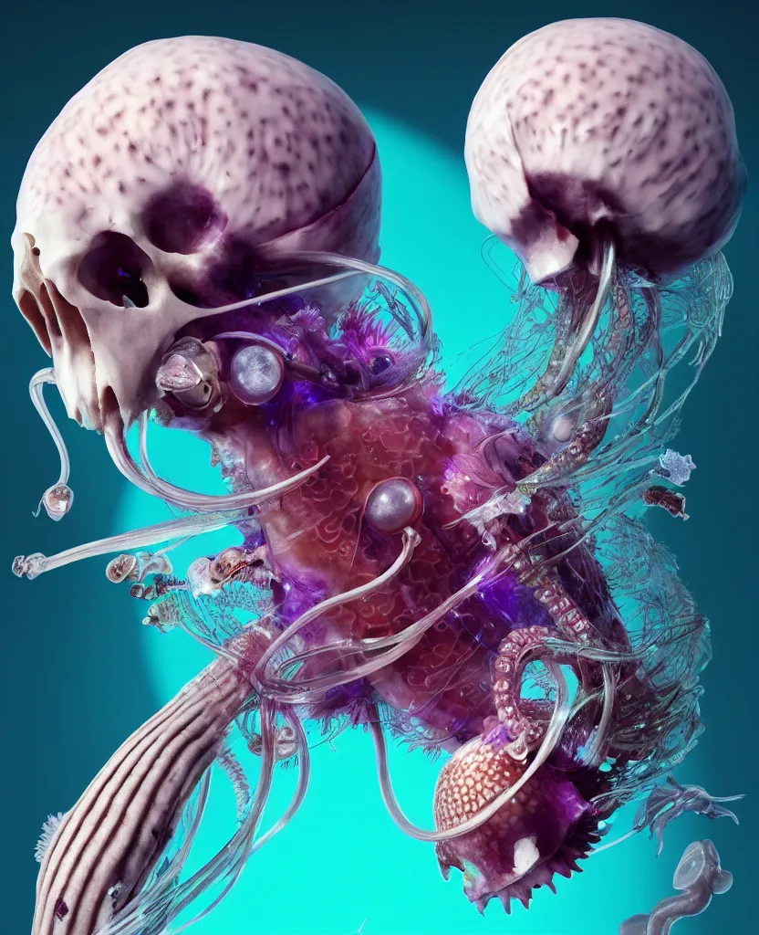 Image similar to goddess close-up portrait ram skull, thorax, x-ray, backbone, jellyfish phoenix head, nautilus, orchid, skull, betta fish, bioluminiscent creatures, intricate artwork by Tooth Wu and wlop and beeple. octane render, trending on artstation, greg rutkowski very coherent symmetrical artwork. cinematic, hyper realism, high detail, octane render, 8k