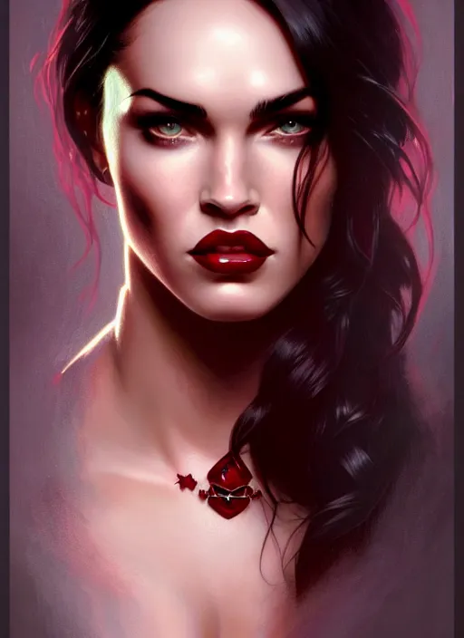 Image similar to portrait of megan fox as a vampire queen, jewelry, greek, dark ruby, intricate, headshot, highly detailed, digital painting, artstation, concept art, sharp focus, cinematic lighting, illustration, art by artgerm and greg rutkowski, alphonse mucha, cgsociety