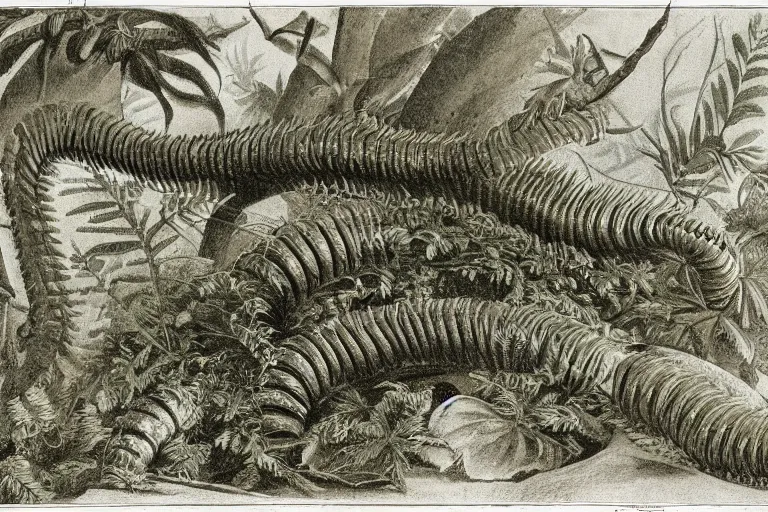 Image similar to naturalist drawing of an extinct giant millipede in a lush fern forest