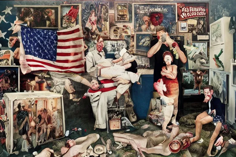 Image similar to full color american nightmare, joel peter witkin photo of 1 9 5 0 s suburban family, capitalist propaganda meets body horror, patriotic nihilism, annie liebovitz, bosch, disney