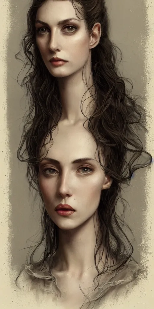 Image similar to a beautiful longshot portrait of a tall thin stunning Victorian model in a high-collared grey and white dress on the beach in the movie The Piano, intricate, elegant, highly detailed, artstation, concept art, smooth, sharp focus, illustration, award-winning, masterpiece, in the style of Tom Bagshaw, Cedric Peyravernay, Peter Mohrbacher, george clausen