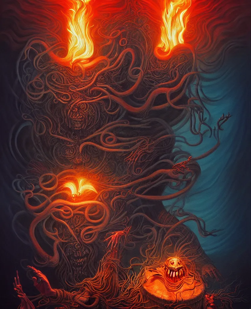 Image similar to mysterious bestiary of wild emotion monsters repressed in the deep sea of unconscious of the psyche lead by baba yaga, about to rip through and escape in a extraordinary revolution, dramatic fire glow lighting, surreal painting by ronny khalil