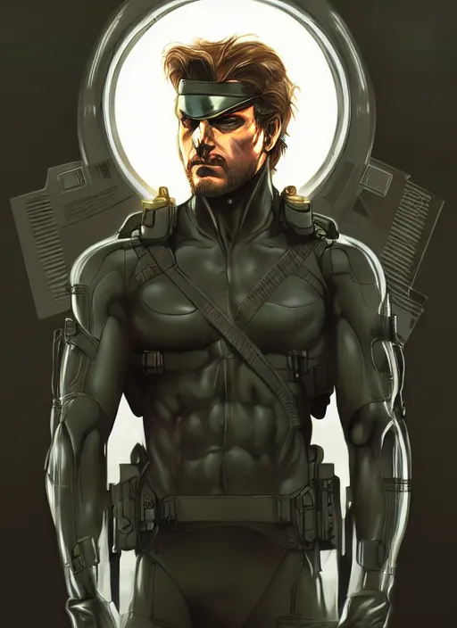 Image similar to symmetry!! portrait of solid snake, metal gear solid, tech wear, glowing lights!! intricate, elegant, highly detailed, digital painting, artstation, concept art, smooth, sharp focus, illustration, art by artgerm and greg rutkowski and alphonse mucha