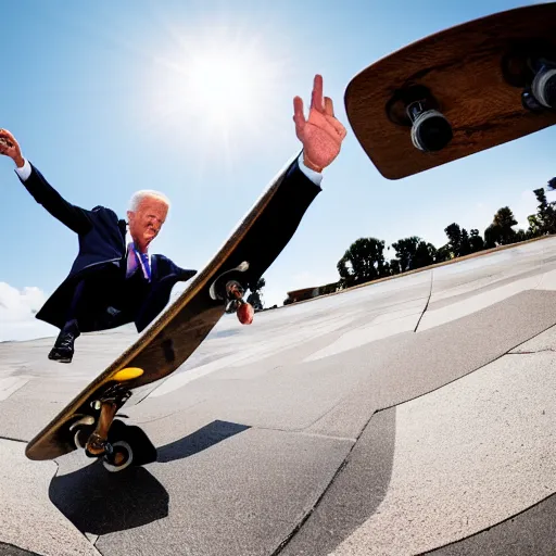 Image similar to joe biden doing a kickflip on a skateboard, fisheye lens