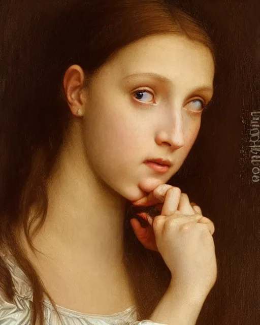 Prompt: a window - lit realistic portrait painting of an open - mouthed girl resembling a young, shy, redheaded alicia vikander or millie bobby brown, lit by a window at the side, highly detailed, intricate, by leonardo davinci, bouguereau, and boticelli