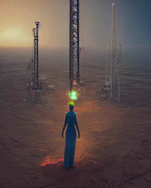 Image similar to a glowing female spirit of mother nature screams out in agony. drilling rigs bore into the earth in the background. wide shot, detailed, sharp, 8 k, award winning digital art by beeple.