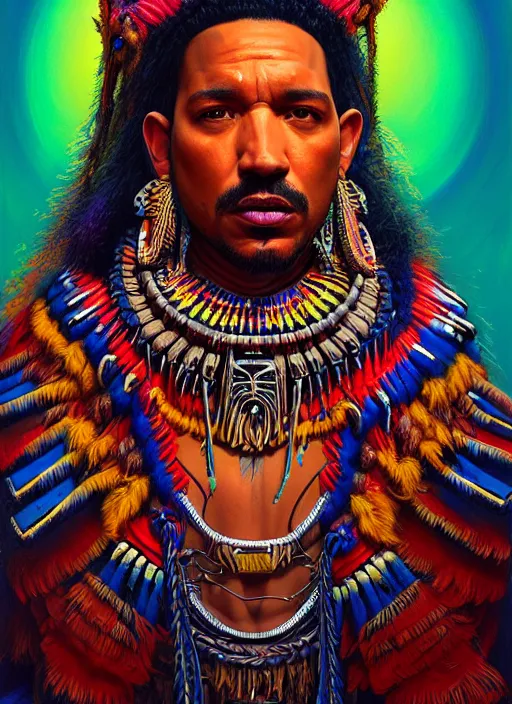 Image similar to portrait of laz alonso, hyper detailed ultra sharp aztec shaman warrior. trending on artstation, warpaint aesthetic, bloodwave, colorful, psychedelic, ornate, intricate, digital painting, concept art, smooth, sharp focus, illustration, art by artgerm and greg rutkowski and h. r. giger, 8 k